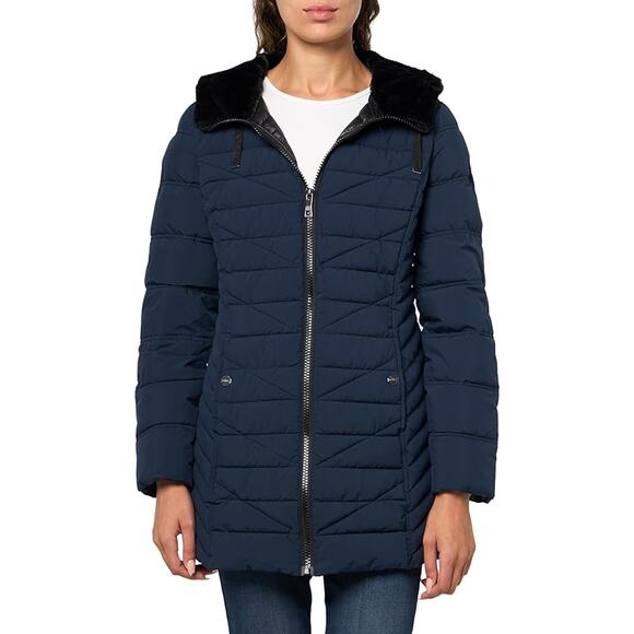 5064 NWT Nautica Womens Hooded Packable Stretch Puffer Coat Navy Blue Large - Picture 1 of 3